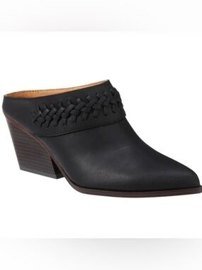 Indigo by Clarks Black Leather Woven Heeled Mules - Size 7.5